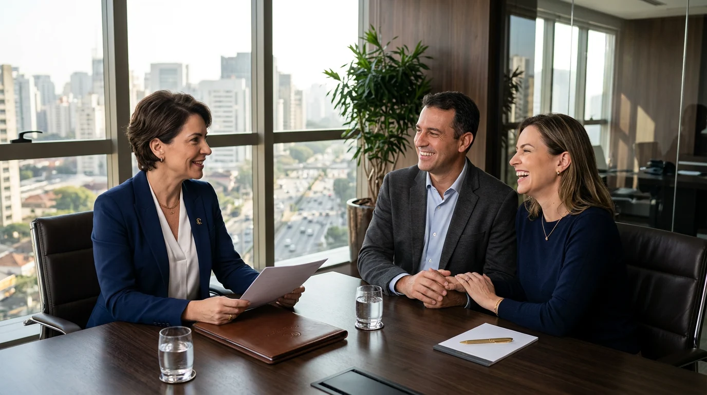 Claudia Calabuig conversando e sorrindo com clientes em reunião
